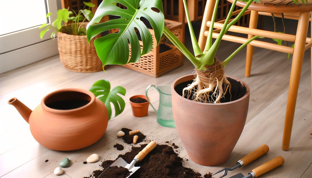 repotting monstera deliciosa with aerial roots